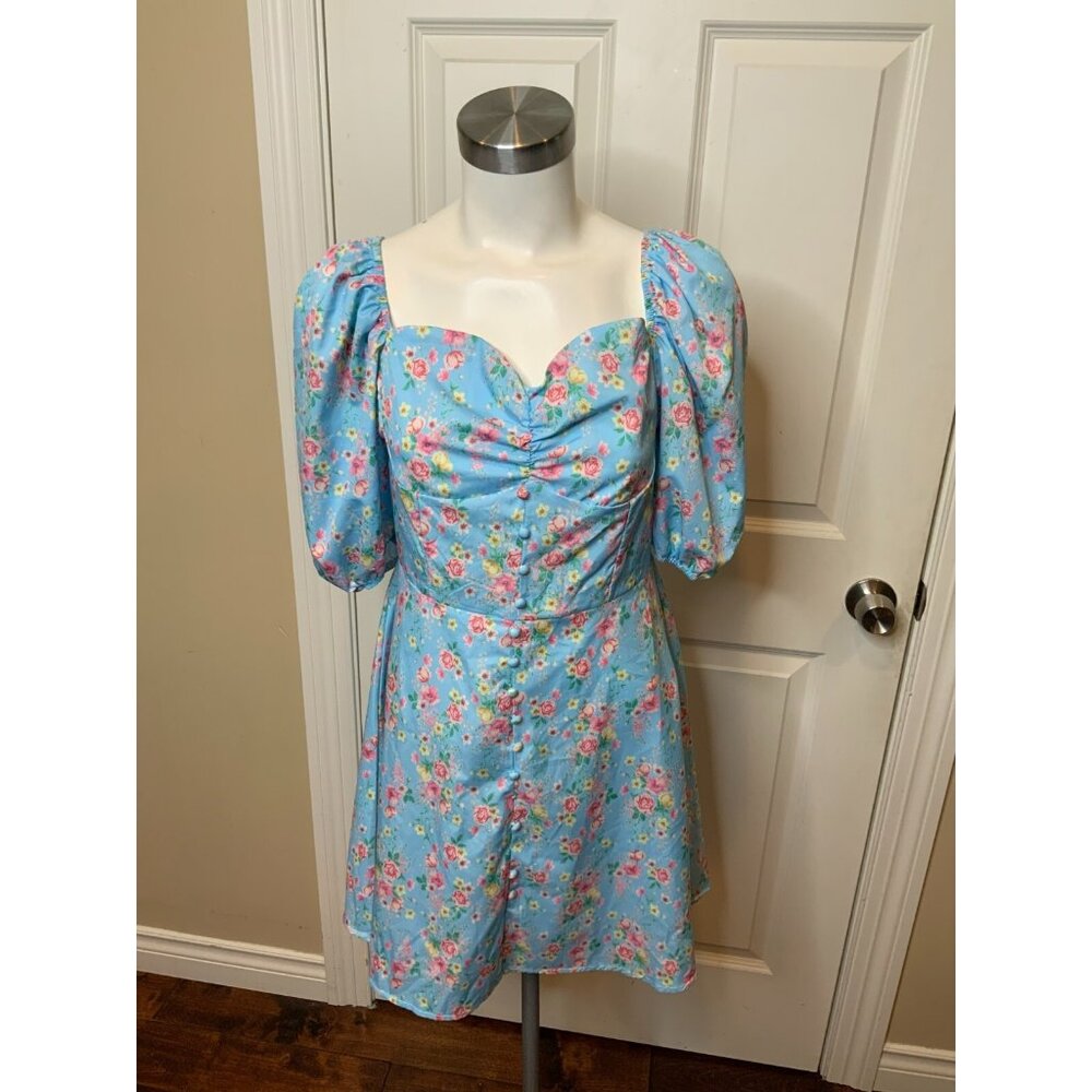 To My Lovers Light Blue Floral Puff Sleeve Mini Dress NWT $225 Size Large